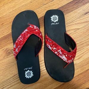 Yellow Box Red/Silver Sequin Flip Flops
